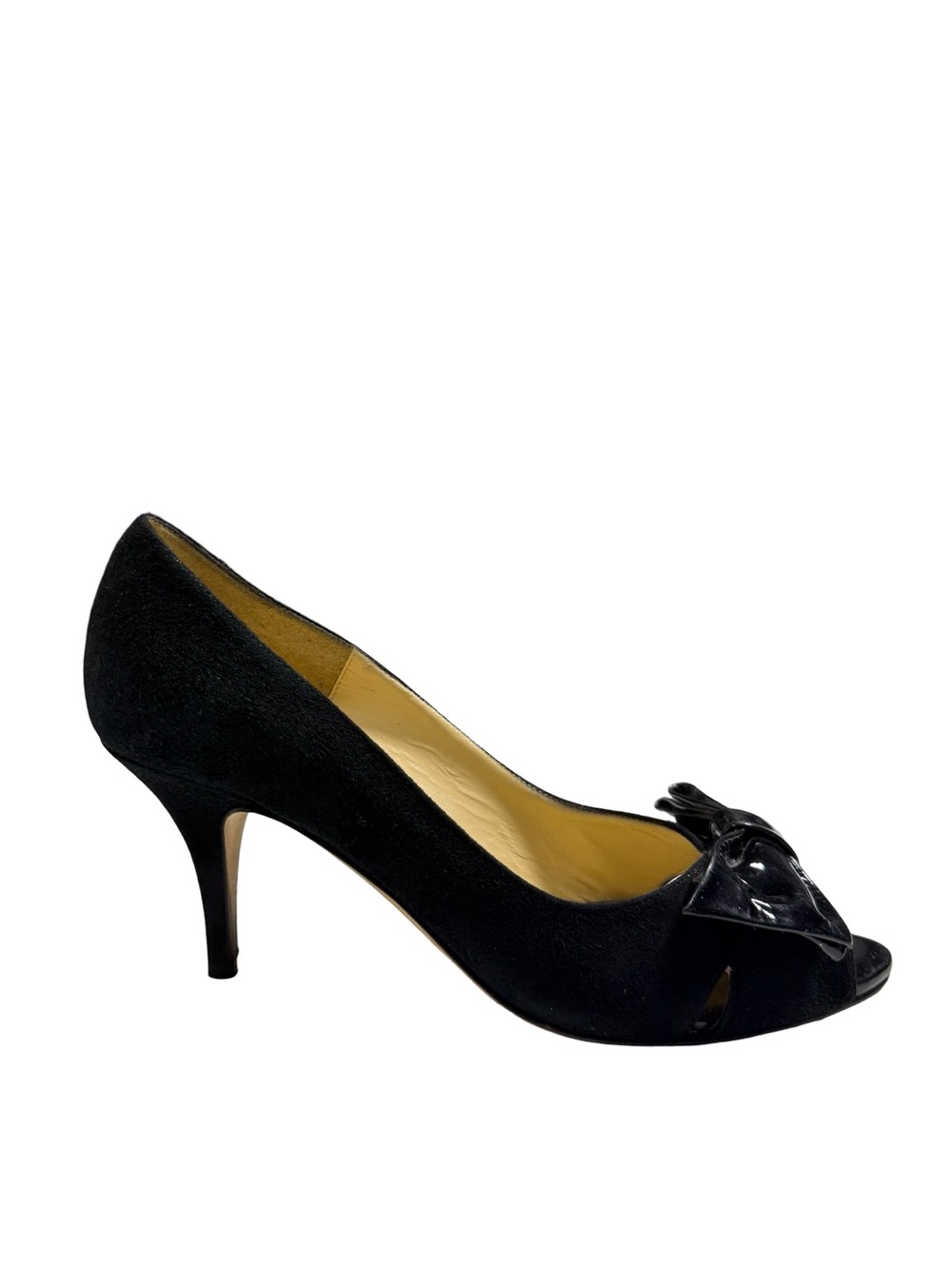 Kate Spade New York Womens 7.5 Black Suede Patent Bow Peep Toe Pumps Heels - Picture 6 of 10